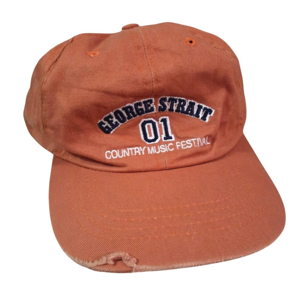 Vtg George Straight 01 Country Music Festival Baseball Cap Leather Hat Orange